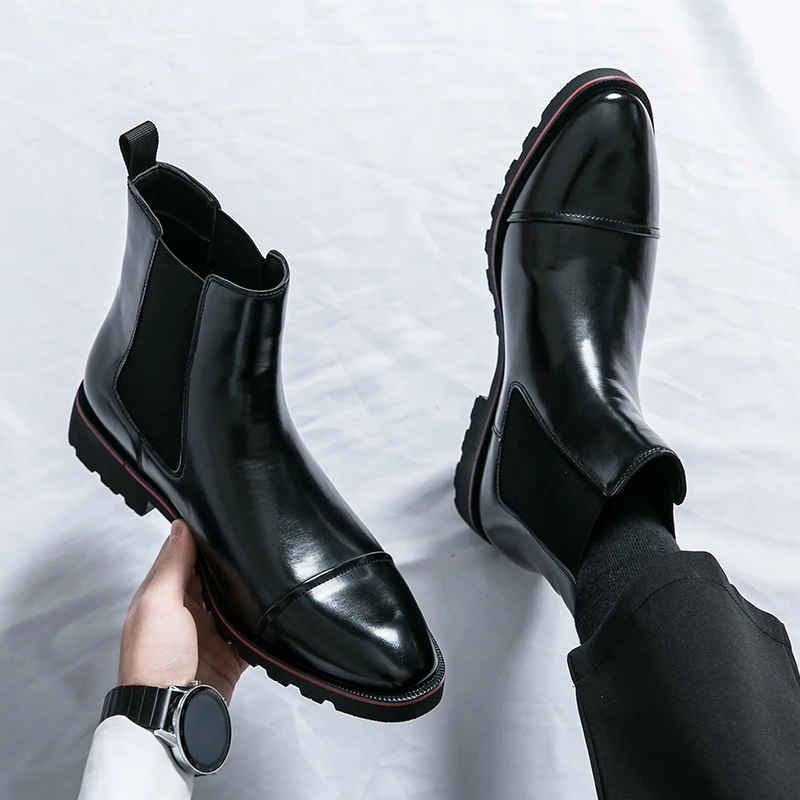 Autumn/Winter Black/Coffee Genuine Leather Pointed Toe High-top Bullock Oxford Dress Shoes For Men Ankle Business Chelsea Boots