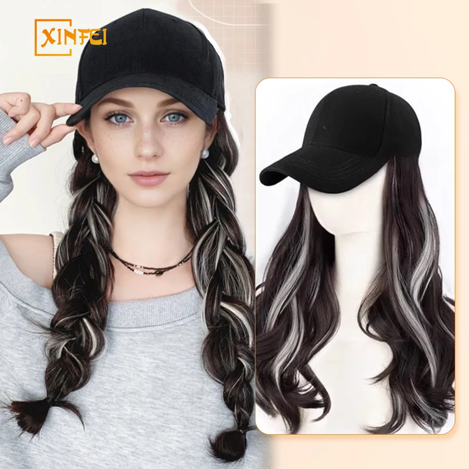 

XINFEI synthetic long wavy baseball cap with hair extension hair integrate cap hat for women girl daily hair style wig