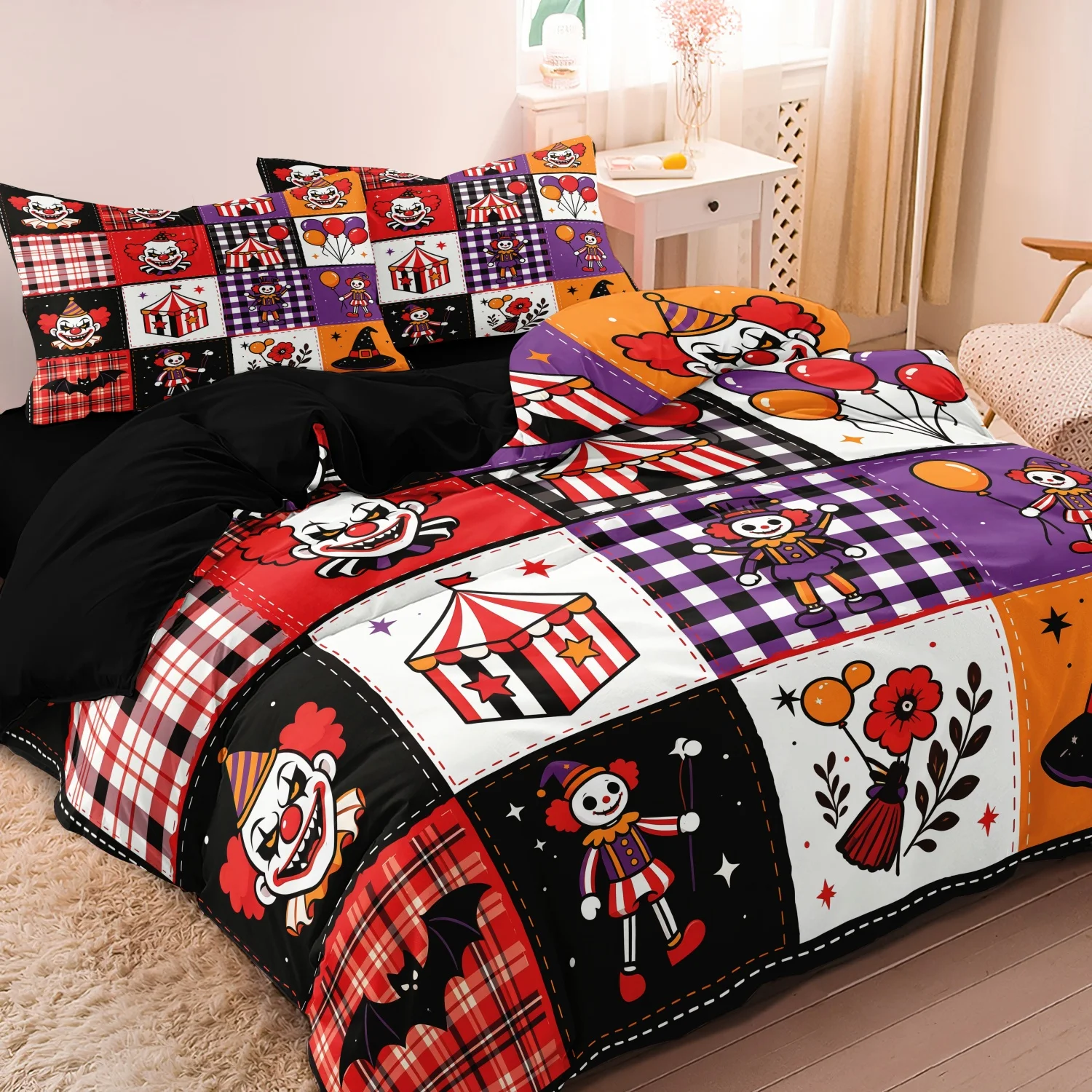 3Pcs Dark Circus Clown Halloween Patchwork Print Duvet Cover Set,Square Block Carnival Tent Plaid Bat Hat Pattern Print Bedding
