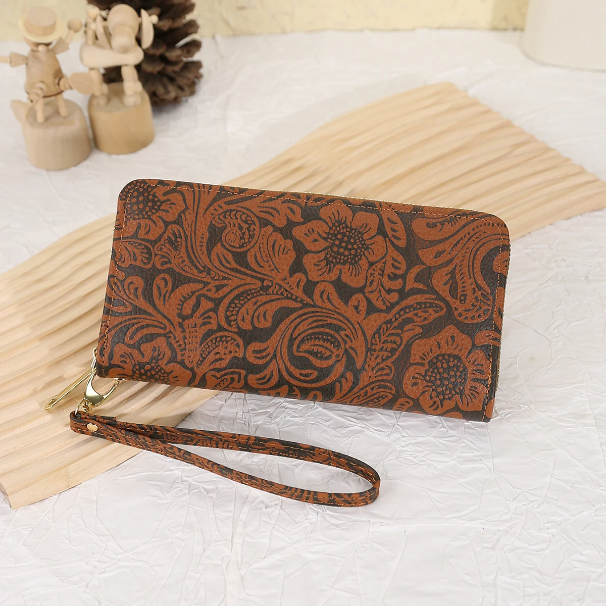 Portfel damski Retro wytłoczony długi portfel z pojedynczym zamkiem błyskawicznym torebka w stylu etnicznym torba na zamek błyskawiczny torba na karty o dużej pojemności przechowywanie drobnych