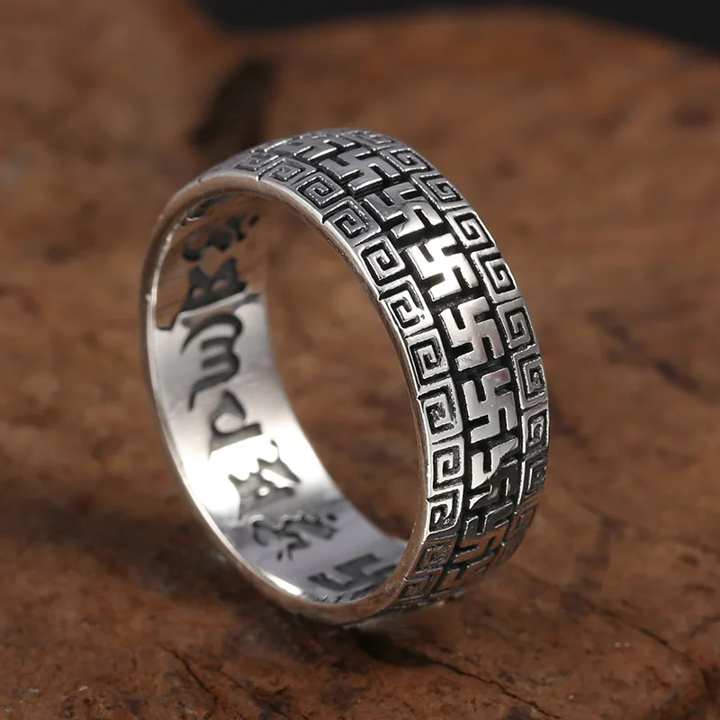 

Tibetan Vintage Thai Ring Transport Men's Accessories Index Finger 925 Sterling Silver Ring with Ten Thousand Character Pattern