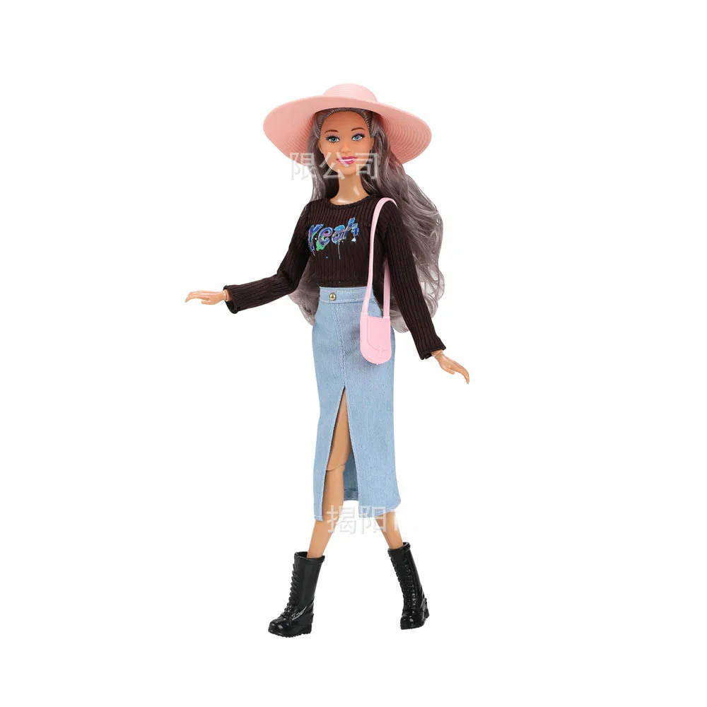 30cm European Fashion Girls Princess Doll Trendy Casual Top + Denim Skirt Set 1/6 BJD Dolls Joints Movable Kids Play House Toy