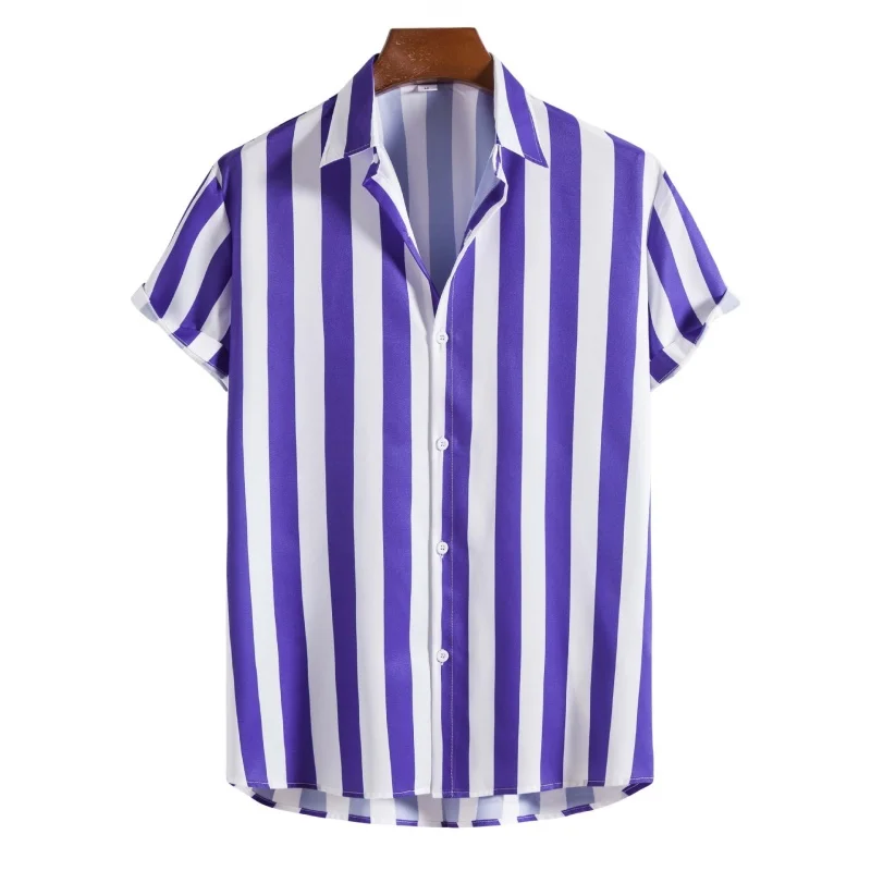 

Summer Men's Beach Hawaiian Short Sleeve Striped Printed Shirt Fashion Casual Slim Fit Lapel Single Breasted Cardigan Shirt