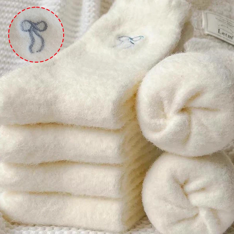 Cute Cat Cozy Hairy Mink Velvet Socks Autumn Winter Hosiery Thickened Embroidered Bow Plush Warm Sleep Home Fluffy Socks view 6