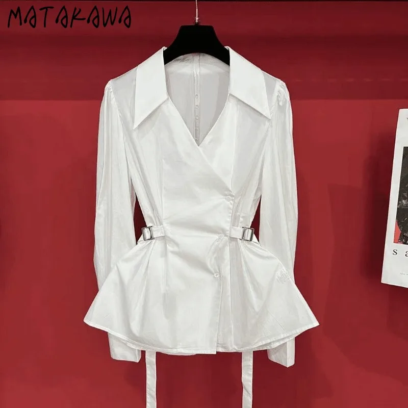 

Matakawa Woman Shirts&blouses Solid White Spring Autumn Elegant Blusas Feminina Korean Fashion Chic Simple Retro Camisas