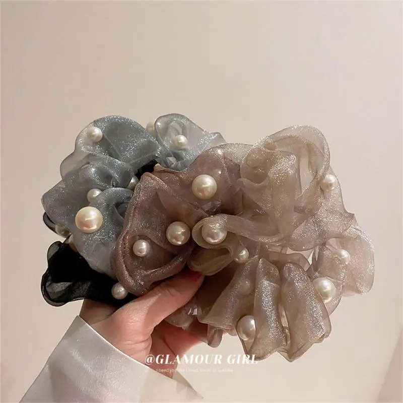 Woman Scrunch Pearl Elegant Silk Elastics Hairband Solid Color Scrunchies Hair Ties Ladies Ponytail Hold Hair Accessories