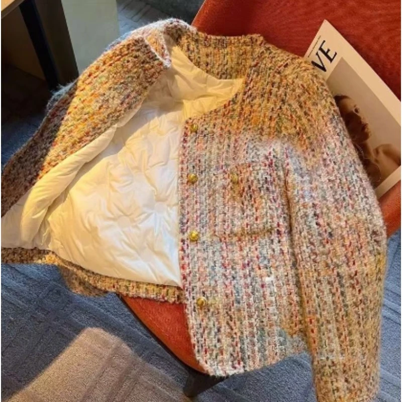 

Осень-зима 2026, новинка, маленький аромат, модная твидовая куртка, плотная женская элегантная золотая двубортная повседневная короткая куртка, верхняя одежда