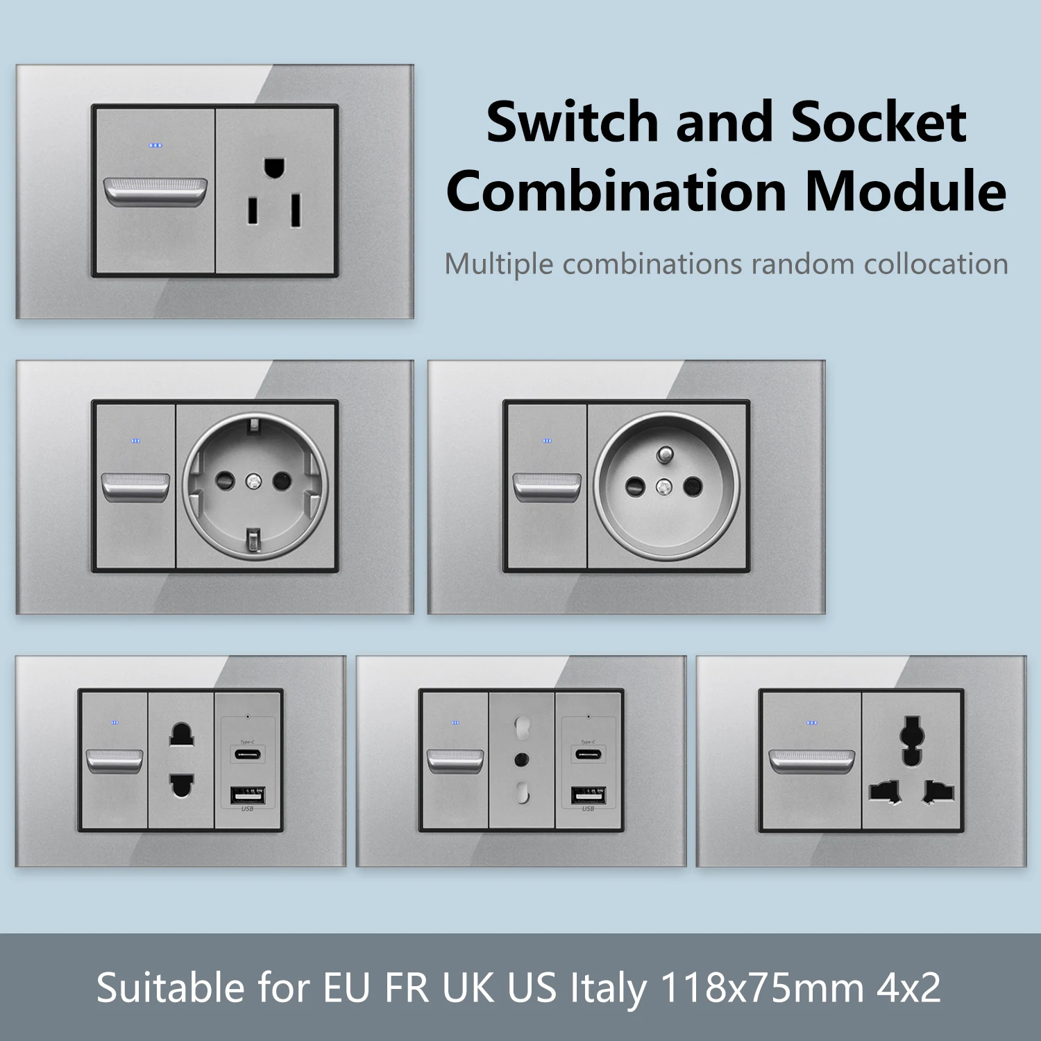 Grey Glass Panel Wall Switch Socket Combo Power Outlet With USB Type-C Modular EU FR UK US IT Socket For Home Office 118x75 4x2