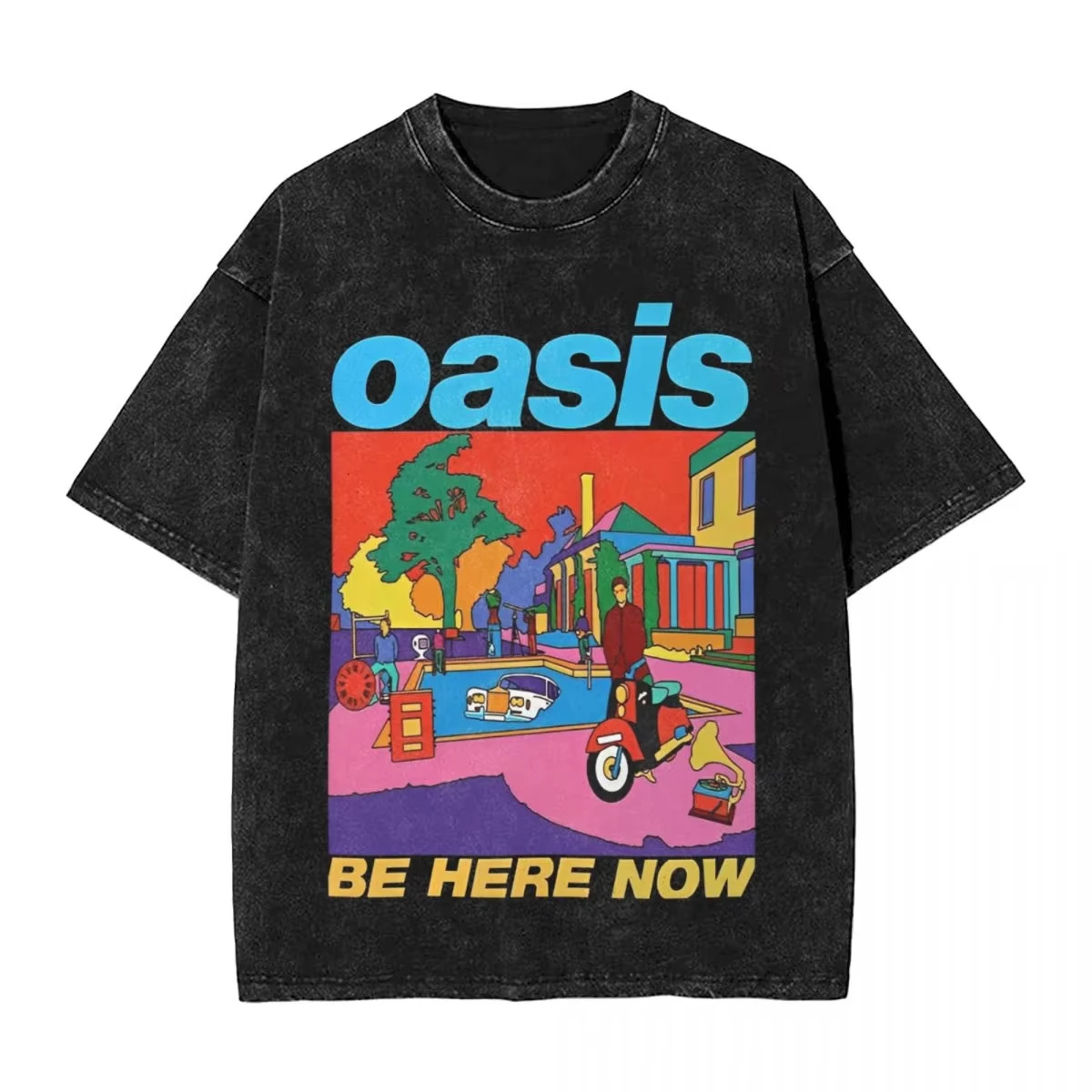 Be Here Now Illustration Rock Band T Shirt Washed 100% Cotton Street T-Shirts O-Oasis Retro Tops Streetwear Graphic Printed Tees