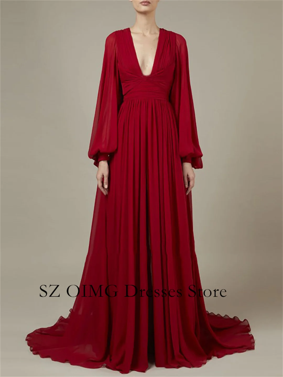 

OIMG Deep V-Neck Vintage Burgundy Evening Dress Prom Gowns Full Puff Sleeves Chiffon Backless Wedding Party Gowns For Women 2024