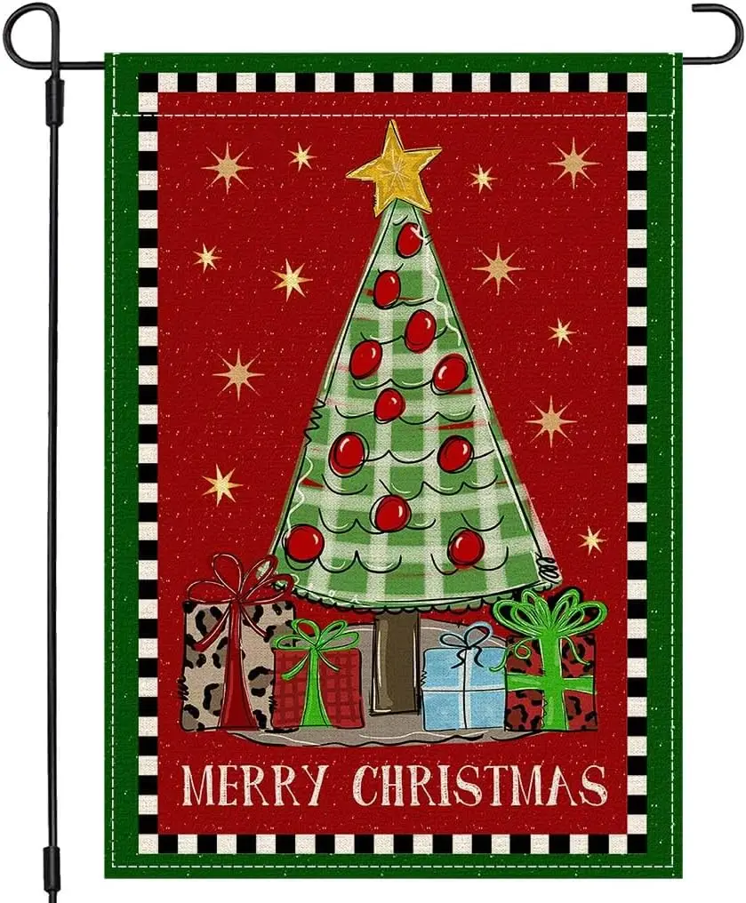 PANDICORN Merry Christmas Garden Flag 12x18 Inch Double Sided, Red and Green Christmas Tree Star Gift Winter Holiday Yard Burlap