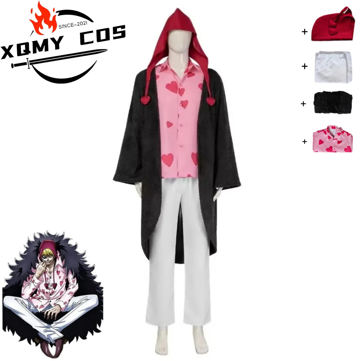 

XQAnime Donquixote Rosinante Corazon Cosplay Costume Black Plush Jacket Cloak Pink Shirt Hats Man Halloween Carnival Suit
