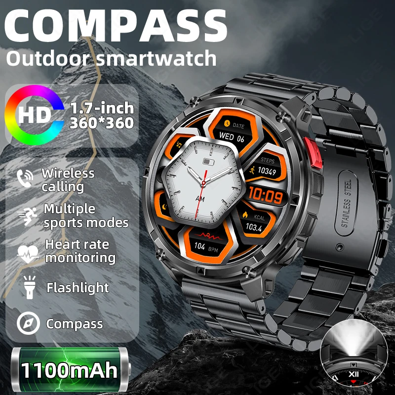 

Military Outdoor Men Smart Watches 1100mAh Battery IP68 Waterproof Compass Heart Rate Monitor Bluetooth Call Sports Smartwatch