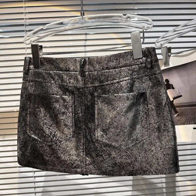 Autumn Silver Reflective Shiny Patent Pu Leather Mini Skirt Women High Waist Sexy Y2K Clothes 2000s Streetwear 2023 Korea