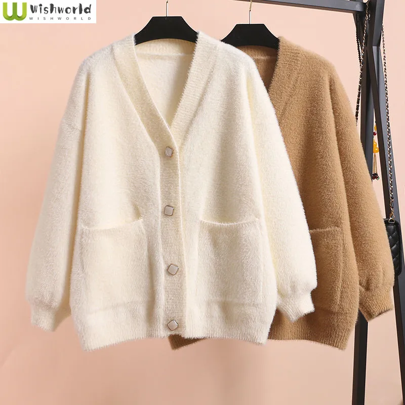 Imitation Mink Velvet Knitted Cardigan for Women's New Korean Autumn/winter JK Versatile Loose and Thickened Sweater Jacket