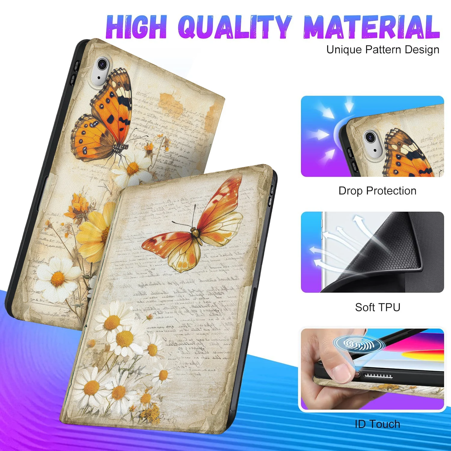 레트로 야생화 다이어리 나비 TPU 케이스 아이패드 2025 A16 11세대 10.9 2022 10세대 태블릿 스마트 커버 펜 홀더 포함