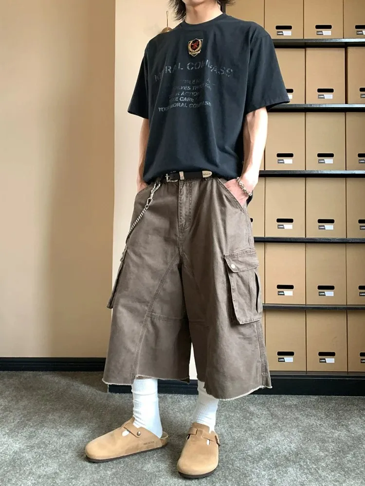 American Style Vintage Washed Relaxed Fit 3D Design Casual Loose Trousers with Multiple Pockets Men's Seven-Foot Shorts