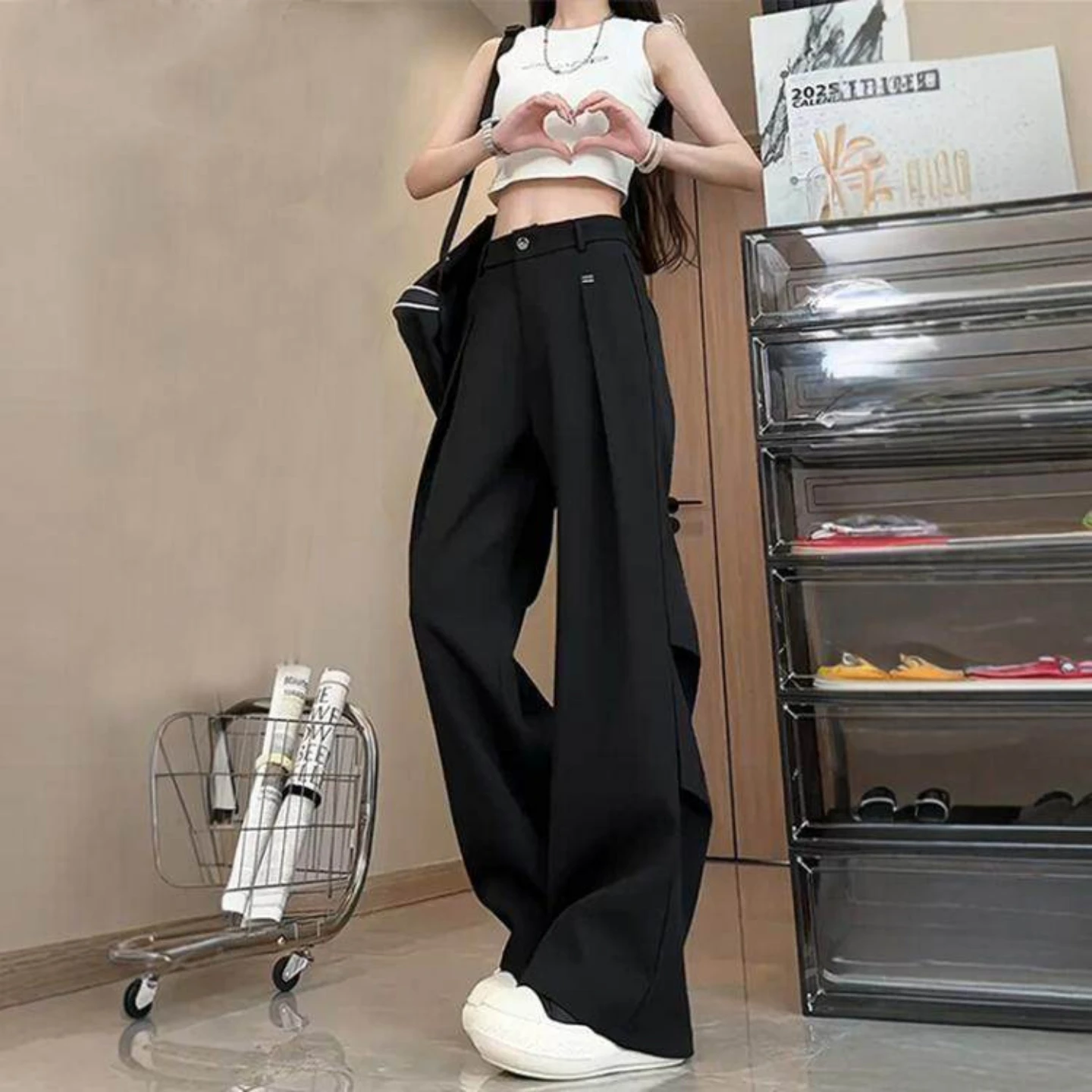 

Black Casual Men's Knife Pleat West Pants Drapey Loose Wide Leg Straight Cut Trousers Comfortable Breathable Autumn Winter