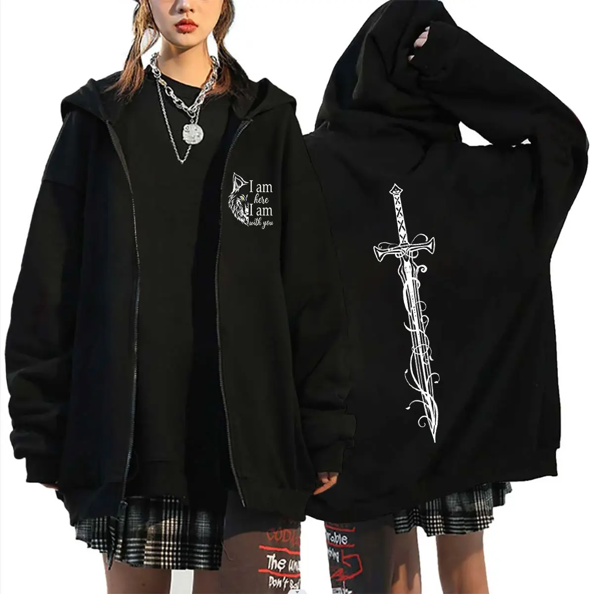 

I Am Here I Am with You Wolf Graphic Zipper Hoodie Men Women Fashion Casual Oversized Zip Up Jacket Men's Cozy Cotton Sweatshirt