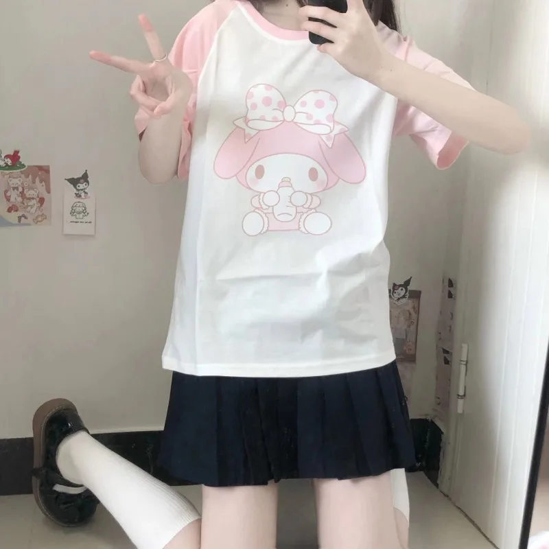 Sanrio Japanese Cute Kawaii Short Sleeved T-shirt My Melody Print Student Mixed Color Soft Girl Y2k Top 2000s Girl Preppy Style