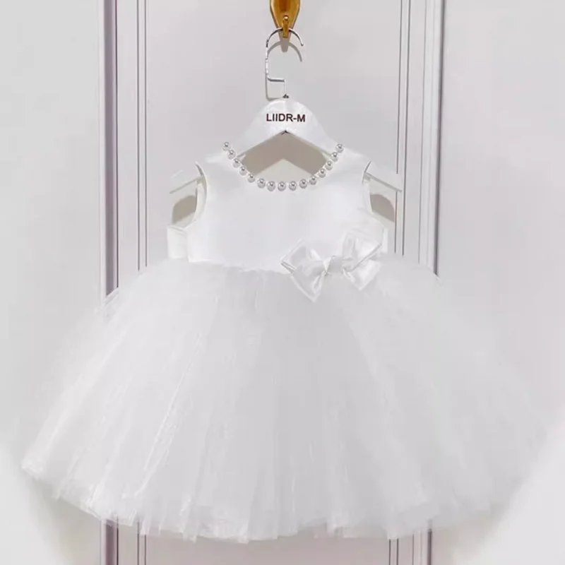 European and American Baby Girl Pink Dress with Bowknot Sweet Cute Children's Puffy Tulle Dress First Birthday Princess Dress Wh