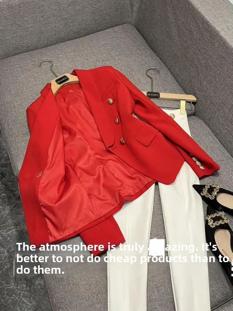 

Briti Retro ort Red mat Sle Women's Suit Jaet Irregular Design Commute Friendly Long Sve Formal Wear