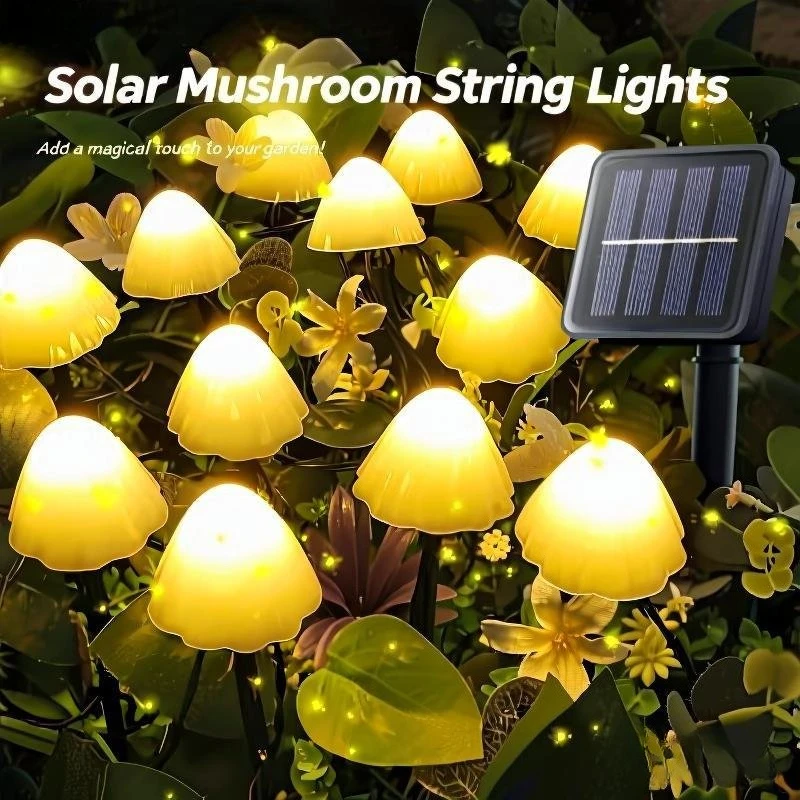 

Solar Mushroom String Lights - 10/20/30LED Waterproof Outdoor Fairy Lights for Garden Patio Pathway, Warm White Decor