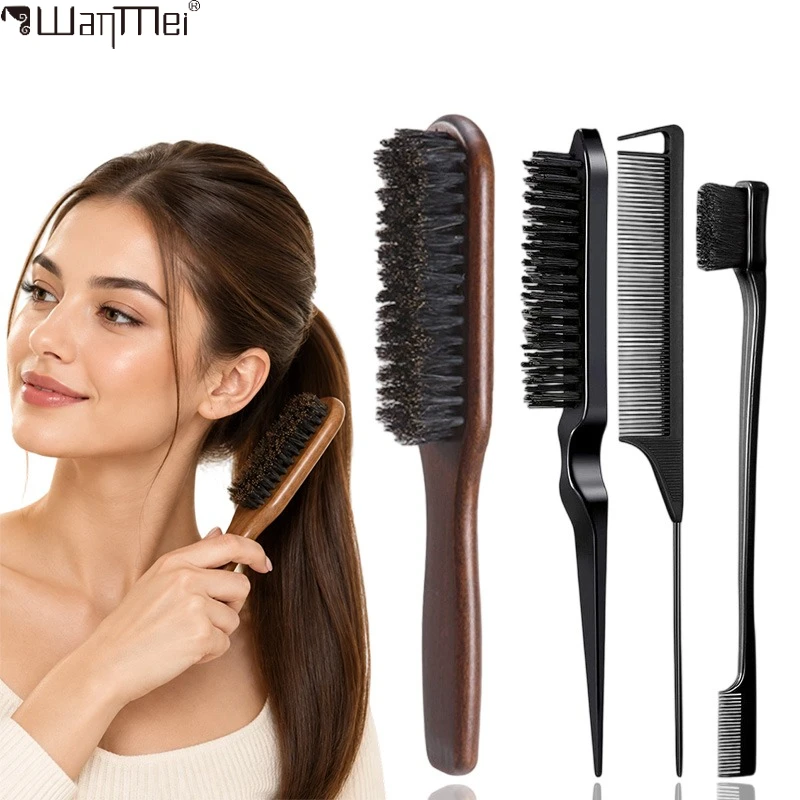 Wood Wood Handle Boar Bristle Hair Brush Set Teasing Comb Rat Tail Comb Hair Styling Tool Salon Backcombing Smooth Ponytail Hairstyle - Aliexpress Deal