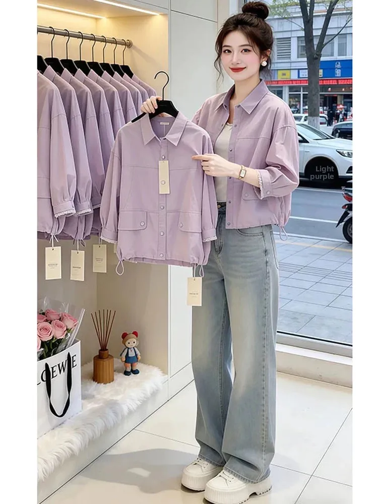 Fashionable Workwear Jacket Women's Drawstring Waist Hem  Collar Short Coat Spring Autumn New Style Street Style Polyeste...
