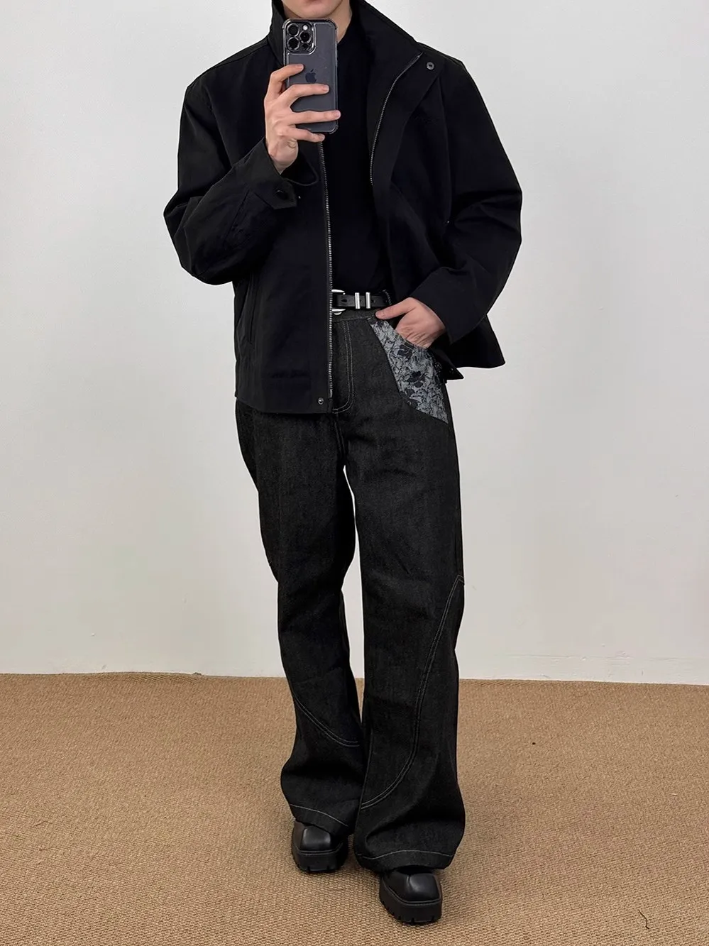 

Retro American Snake Pattern A-Line Original Denim Jeans Men's Ear Laser Burnt Flower Embroidery Straight Leg Long Pants