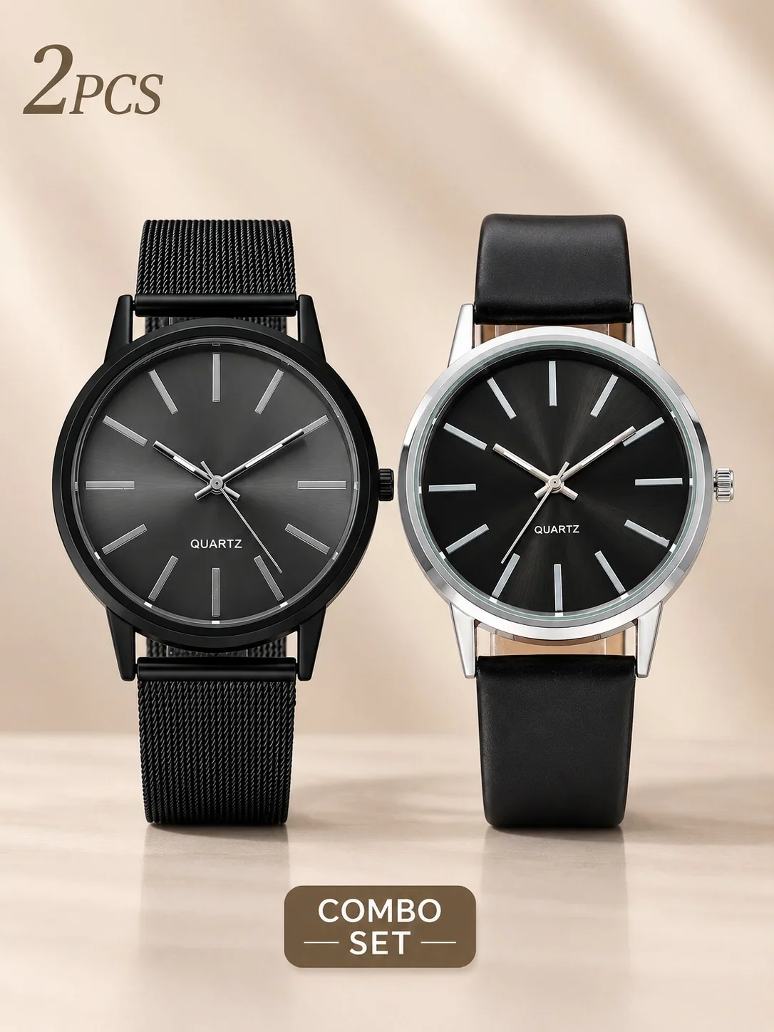 2Pcs Lovers Watch Set Classic Minimal Mesh & Leather Strap Analog Quartz Wristwatch Men Women Fashion Couple Matching Timepieces