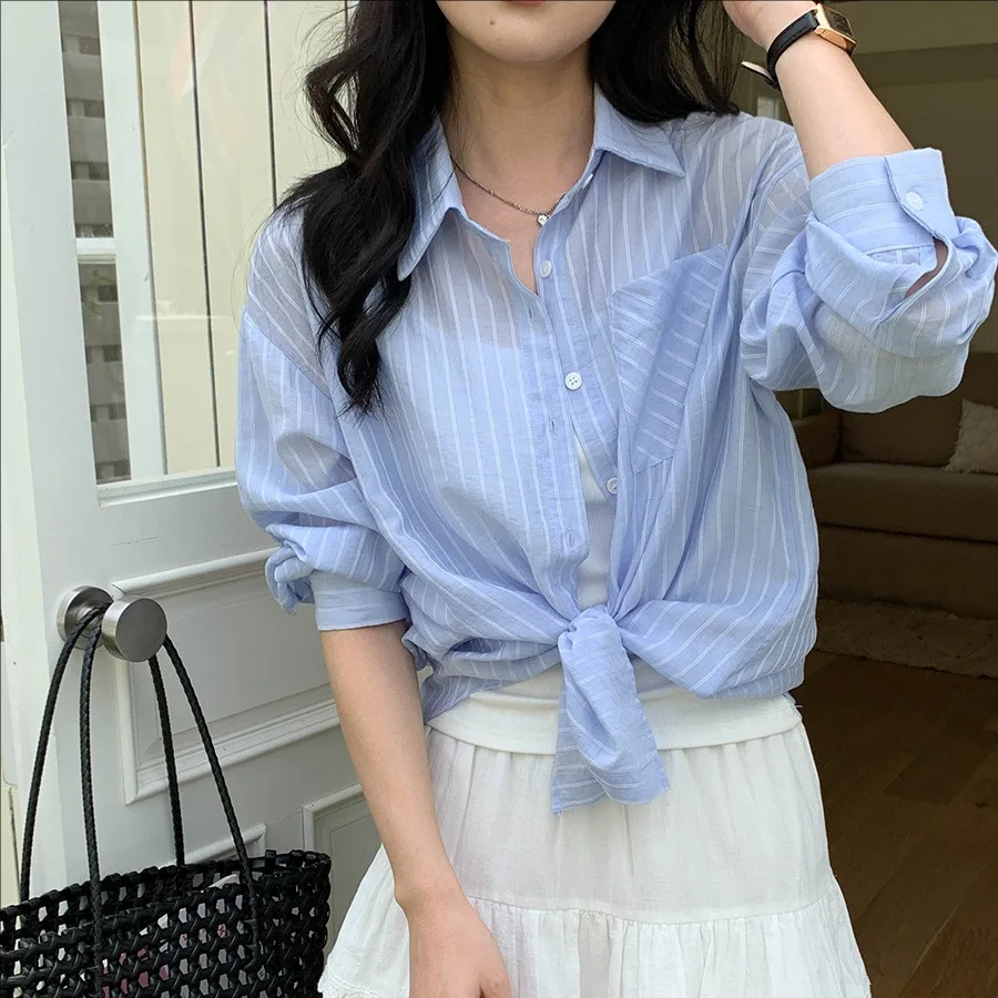 

Summer casual striped loose long sleeved shirt women