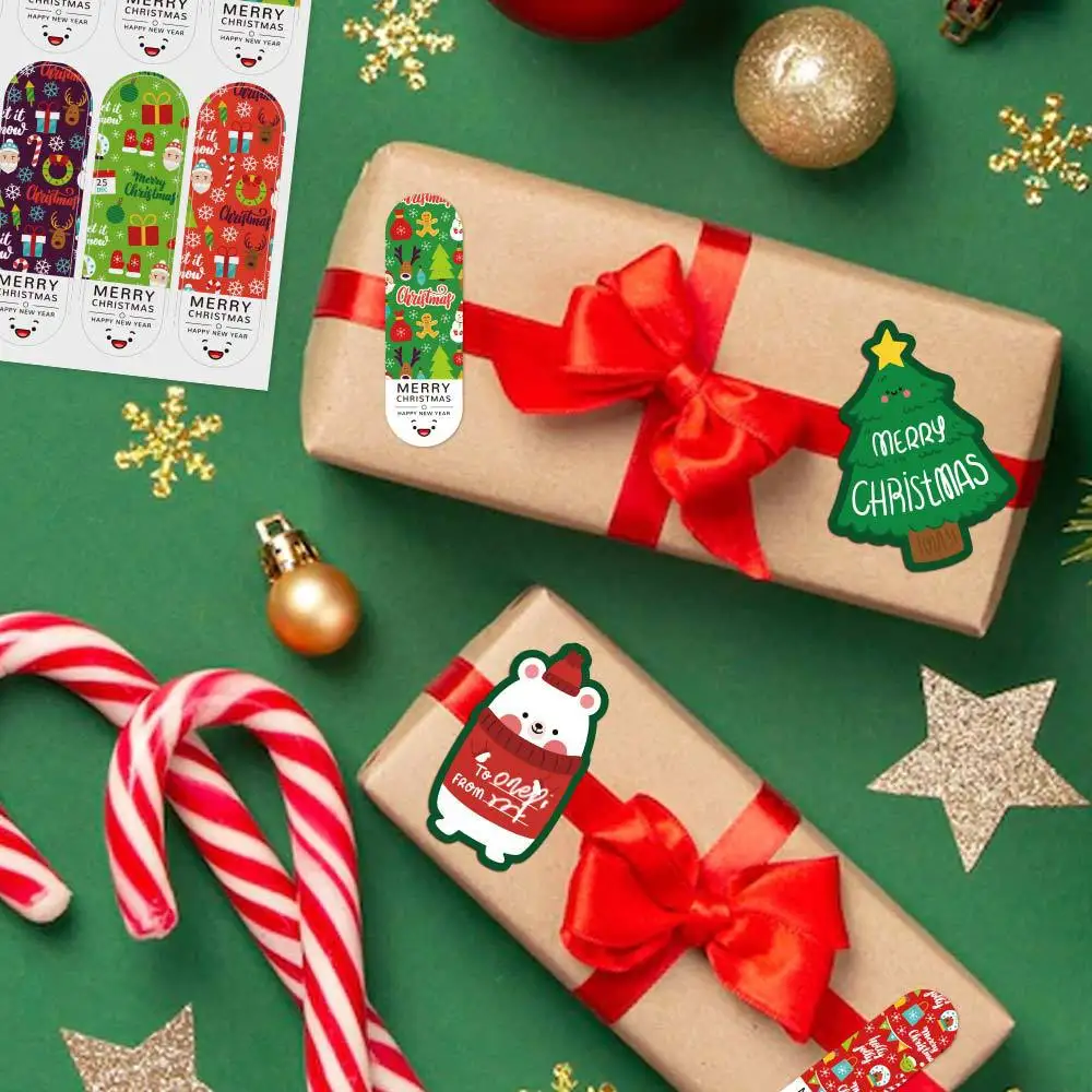 メリークリスマス動物ステッカー、雪だるま、木、木、ラベル、ギフト、装飾、シール、文房具、5スタイル、パックあたり50-150個