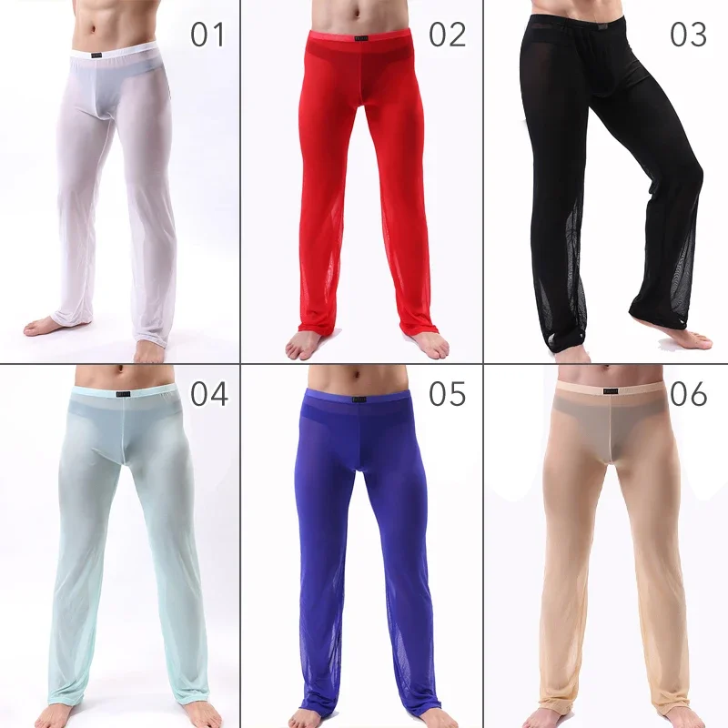 Mens Sexy Transparent Trousers See Through Pants Male Loose Mesh Sheer Gauze Bottoms Sleepwear Underpants