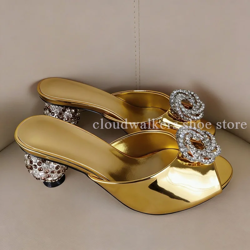 

Luxury Crystal Buckle Mule Heels Women Mirror Metallic Peep Toe Slides Rhinestone Ball Heel Evening Cocktail Party Dress Sandals