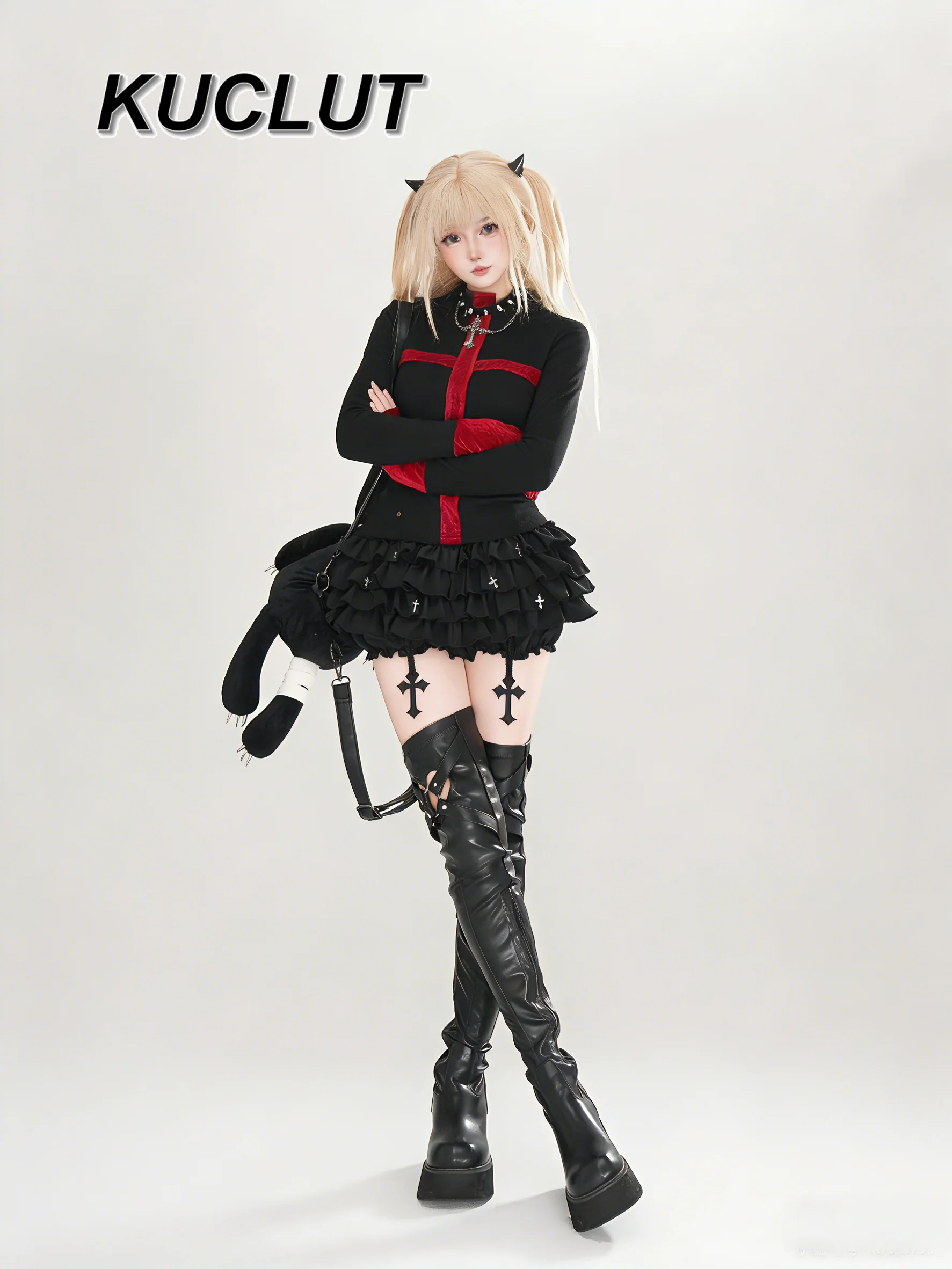 

Темный готический стиль Y2k, повседневный костюм для девочек, топ для косплея, футболка с длинными рукавами, субкультура, короткая юбка, комплект, модные комплекты из 2 предметов для женщин