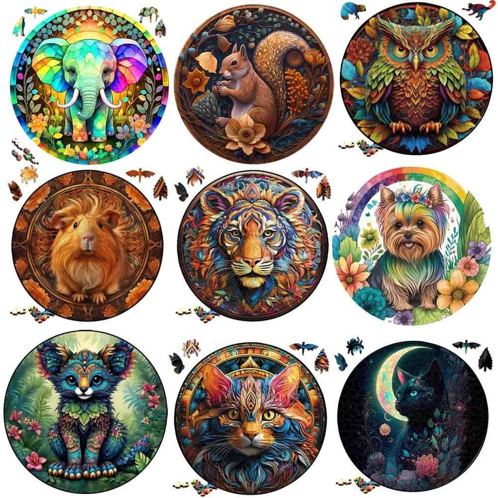 

Pretty Wooden Jigsaw Puzzles For Kids Adults Cute elephant Colorful cat Intellectual Toy circle Shape Animal Puzzle Games