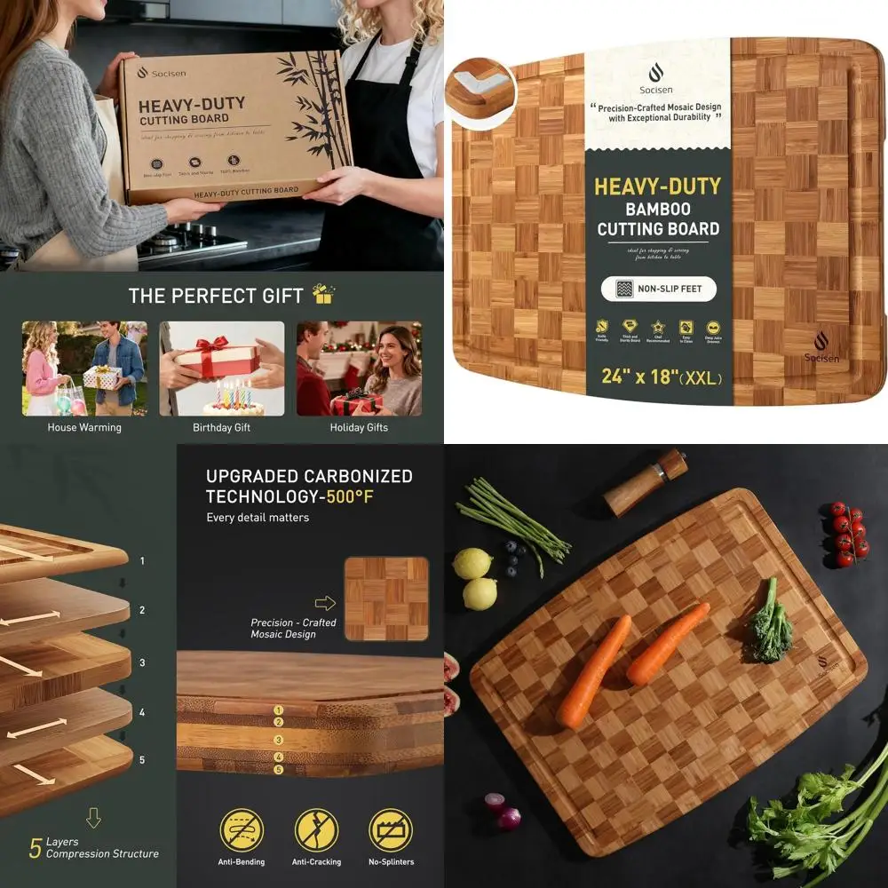 

Large XL Bamboo Chopping Board with Anti-Slip Base, Over-Sink Design, and Juice Groove - Premium Thick Hardwood Kitchen Counter