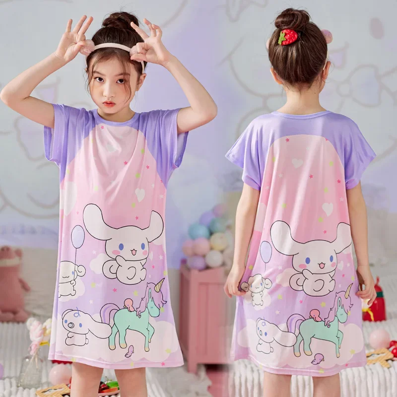 Sanrio Hello Kitty Dress Girls Nightgown Cartoon Anime Pajamas Summer Child ShortSleeves Sleepwear Dress Homewear Baby Clothing