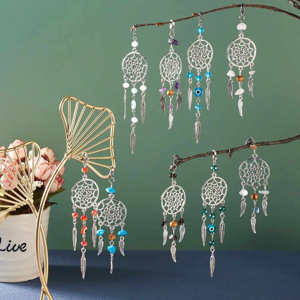 1 Box Dangle Dream Catcher Gemstone Crystal Charms Pendants Feather Filigree Ethnic Hanging Ornament DIY Keychain Jewelry Making