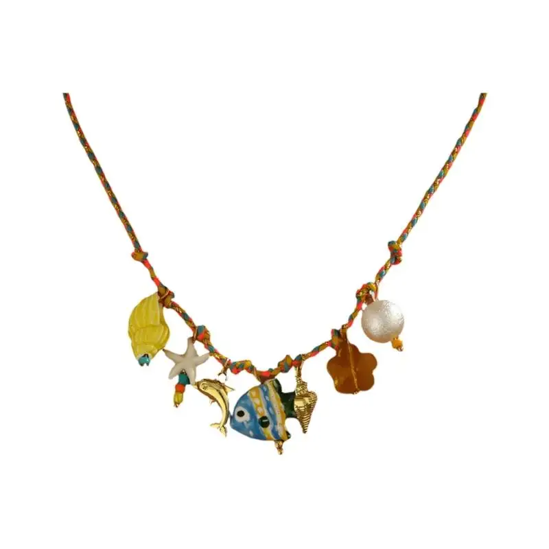 31BB Braided Cord Coastal Necklace with Marine for Daily Styling