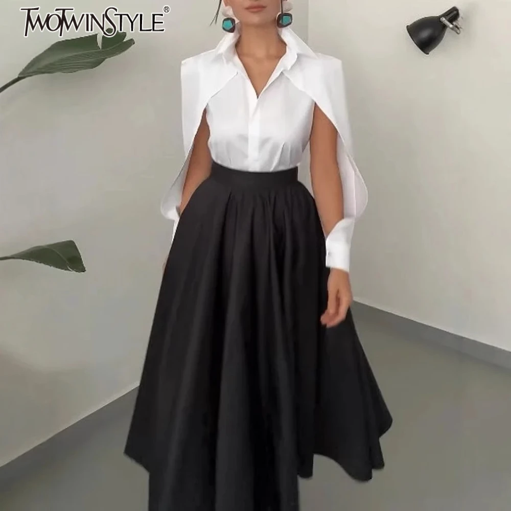 TWOTWINSTYLE Solid Two Piece Set for Women Lapel Long Sleeve Spliced Hollow Out Top High Waist Midi Skirt Chic Sets Female New