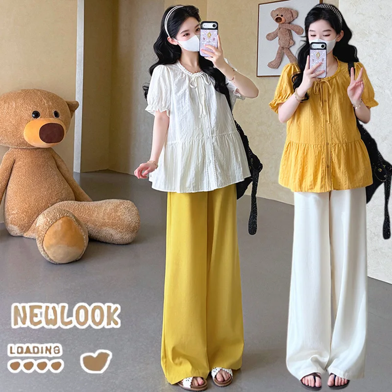 

Maternity Blouse Summer 2026 Sweet Cute Puff Short Sleeve Round Neck Shirt for Pregnant Women Breathable
