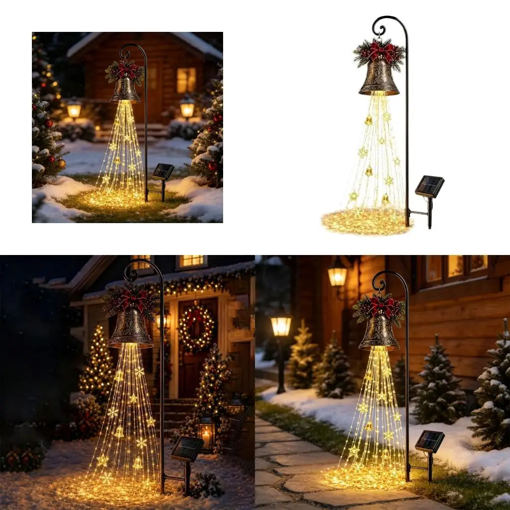 Warm Golden LED Christmas Display with Star and Snowflake Solar Charging, and Stake Supports for Outdoor Winter M4YD
