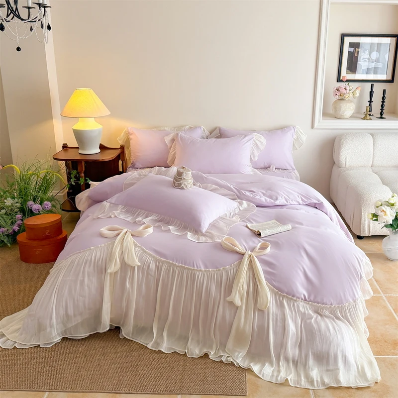 4Pcs Queen Bedding Set Purple French Princess Romantic 3D Bow Ruffle Quilt Cover Double Bed Linens Luxury Things For The Room