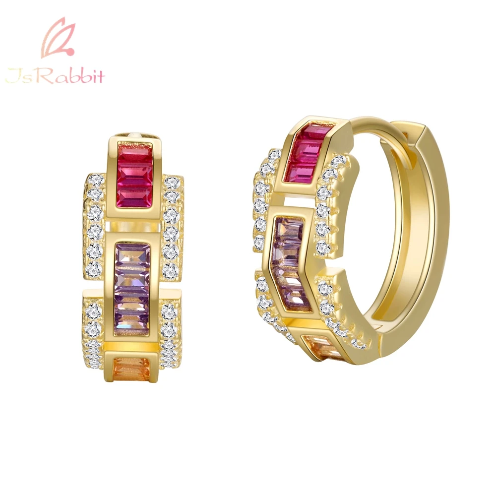 IsRabbit 18K Gold Plated Fancy Vivid Rainbow Sapphire Hip Hop Rock Hoop Earrings 925 Sterling Silver Fine Jewelry Drop Shipping