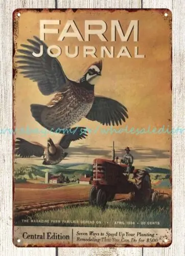 house and home decorating 1958 Farm Journal quails tractor farmer metal tin sign