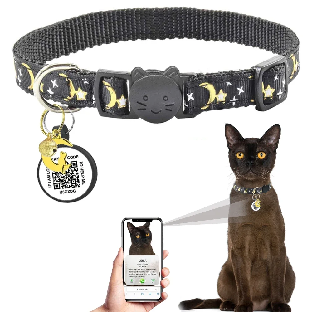 Cat Collar with QR Code and Moon Ornaments Name Tag Cat Accessories Kitten Collars with Bell, Cats ID Tag, Safety Quick Release