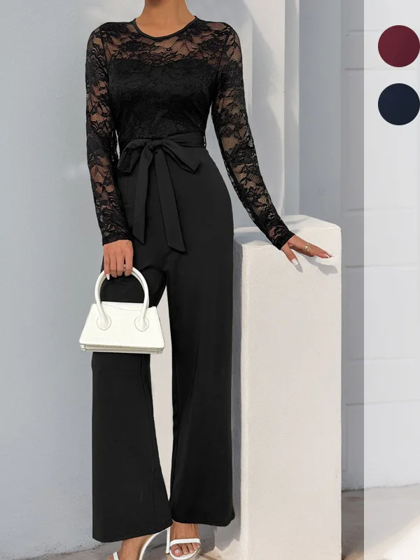 Renda retalhos longo sve macacão cintura alta calças de perna larga com cinto produção chinesa verão 2025 fibra de poliéster fina