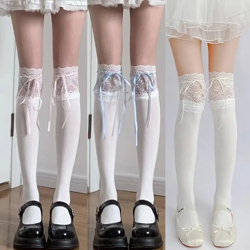 Overknee-Strümpfe mit Spitze und Schleife, Herbst- und Winter-Beinwärmer, Dickere Strümpfe in Weiß und Schwarz, Niedliche Lolita-Overknee-Socken